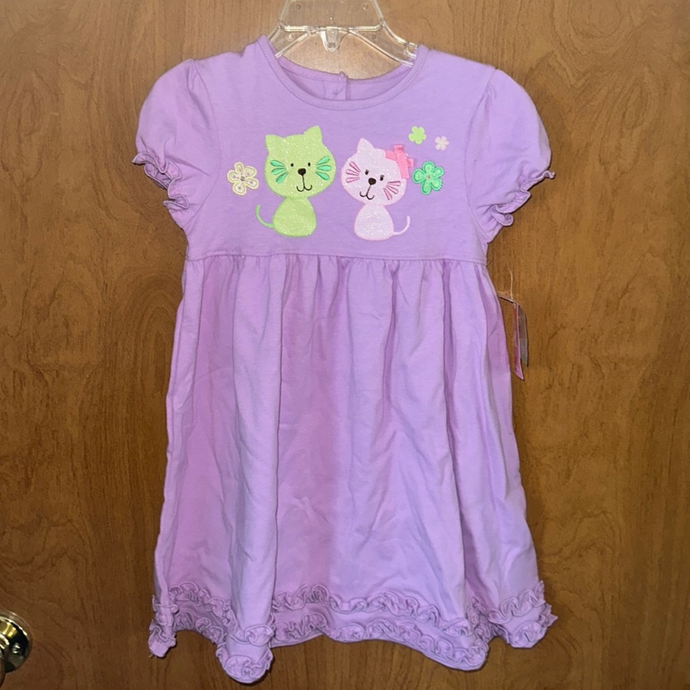 J. Khaki lavender 2T dress with green and pink cat design